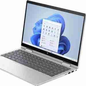 HP Envy x360 14-es1013dx front view with touchscreen active Natural Silver chassis with keyboard backlight USB Type-C and HDMI port profile view Laptop in tent mode highlighting its 2-in-1 functionality HP True Vision 5MP camera with privacy shutter Poly Studio audio grill integrated above the keyboard