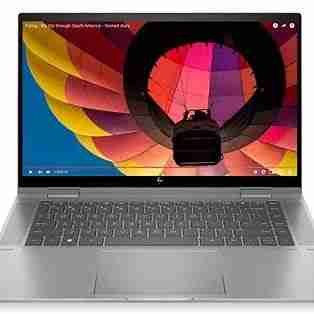 HP Envy x360 14-es1013dx front view with touchscreen active Natural Silver chassis with keyboard backlight USB Type-C and HDMI port profile view Laptop in tent mode highlighting its 2-in-1 functionality HP True Vision 5MP camera with privacy shutter Poly Studio audio grill integrated above the keyboard