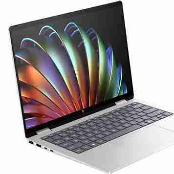 HP Envy x360 14-es1013dx front view with touchscreen active Natural Silver chassis with keyboard backlight USB Type-C and HDMI port profile view Laptop in tent mode highlighting its 2-in-1 functionality HP True Vision 5MP camera with privacy shutter Poly Studio audio grill integrated above the keyboard