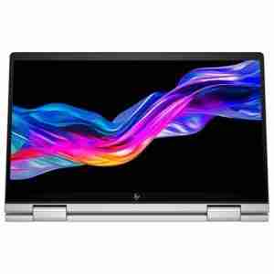 HP Envy x360 14-es1013dx front view with touchscreen active Natural Silver chassis with keyboard backlight USB Type-C and HDMI port profile view Laptop in tent mode highlighting its 2-in-1 functionality HP True Vision 5MP camera with privacy shutter Poly Studio audio grill integrated above the keyboard