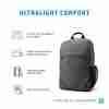 Front view of HP Prelude 15.6" Laptop Backpack in grey Side profile showcasing the slim design of the HP 2Z8P3AA backpack Interior view displaying organized compartments of the HP Prelude 15.6" Backpack HP 2Z8P3AA Backpack attached to a rolling suitcase handle Close-up of the padded shoulder straps on the HP Prelude 15.6" Backpack HP Prelude 15.6" Backpack with a laptop and accessories inside