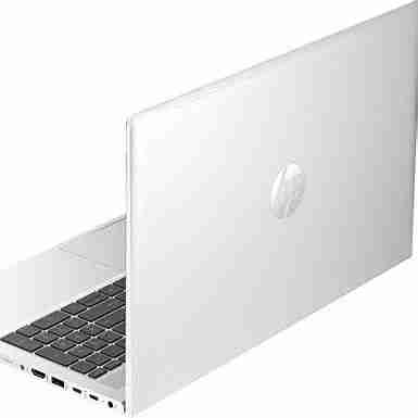 HP ProBook 450 G10 front view with display on Side profile showing ports and slim design Backlit keyboard close-up Top view highlighting the touchpad and keyboard layout Pike Silver finish showcasing the laptop's sleek design HP ProBook 450 G10 open at a 90-degree angle