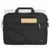 Front view of HP Professional 14.1" Laptop Bag in black. Side profile showcasing the slim design of the HP 500S8AA laptop bag. Interior view displaying organized compartments of the HP Professional 14.1" Laptop Bag. HP 500S8AA Laptop Bag attached to a rolling suitcase handle. Close-up of the RFID-blocking pocket inside the HP Professional 14.1" Laptop Bag. HP 500S8AA Laptop Bag with shoulder strap extended