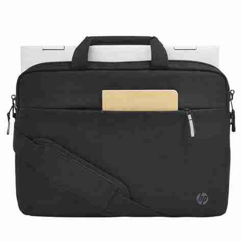 Front view of HP Professional 14.1" Laptop Bag in black. Side profile showcasing the slim design of the HP 500S8AA laptop bag. Interior view displaying organized compartments of the HP Professional 14.1" Laptop Bag. HP 500S8AA Laptop Bag attached to a rolling suitcase handle. Close-up of the RFID-blocking pocket inside the HP Professional 14.1" Laptop Bag. HP 500S8AA Laptop Bag with shoulder strap extended