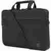 Front view of HP Professional 14.1" Laptop Bag in black. Side profile showcasing the slim design of the HP 500S8AA laptop bag. Interior view displaying organized compartments of the HP Professional 14.1" Laptop Bag. HP 500S8AA Laptop Bag attached to a rolling suitcase handle. Close-up of the RFID-blocking pocket inside the HP Professional 14.1" Laptop Bag. HP 500S8AA Laptop Bag with shoulder strap extended