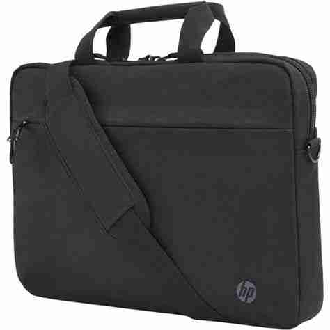 Front view of HP Professional 14.1" Laptop Bag in black. Side profile showcasing the slim design of the HP 500S8AA laptop bag. Interior view displaying organized compartments of the HP Professional 14.1" Laptop Bag. HP 500S8AA Laptop Bag attached to a rolling suitcase handle. Close-up of the RFID-blocking pocket inside the HP Professional 14.1" Laptop Bag. HP 500S8AA Laptop Bag with shoulder strap extended