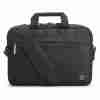 Front view of HP Professional 14.1" Laptop Bag in black. Side profile showcasing the slim design of the HP 500S8AA laptop bag. Interior view displaying organized compartments of the HP Professional 14.1" Laptop Bag. HP 500S8AA Laptop Bag attached to a rolling suitcase handle. Close-up of the RFID-blocking pocket inside the HP Professional 14.1" Laptop Bag. HP 500S8AA Laptop Bag with shoulder strap extended