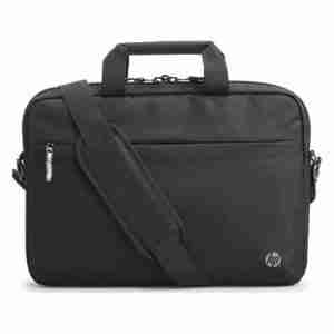 Front view of HP Professional 14.1" Laptop Bag in black. Side profile showcasing the slim design of the HP 500S8AA laptop bag. Interior view displaying organized compartments of the HP Professional 14.1" Laptop Bag. HP 500S8AA Laptop Bag attached to a rolling suitcase handle. Close-up of the RFID-blocking pocket inside the HP Professional 14.1" Laptop Bag. HP 500S8AA Laptop Bag with shoulder strap extended