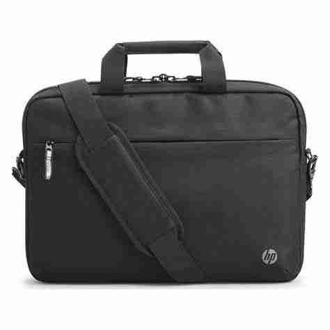 Front view of HP Professional 14.1" Laptop Bag in black. Side profile showcasing the slim design of the HP 500S8AA laptop bag. Interior view displaying organized compartments of the HP Professional 14.1" Laptop Bag. HP 500S8AA Laptop Bag attached to a rolling suitcase handle. Close-up of the RFID-blocking pocket inside the HP Professional 14.1" Laptop Bag. HP 500S8AA Laptop Bag with shoulder strap extended