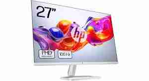 Front view of HP Series 5 527sw 27" FHD Monitor in white finish Side profile showcasing the slim design of the HP 527sw Monitor Rear view displaying HDMI and VGA ports on the HP 527sw HP 527sw Monitor on a desk setup with vibrant display Close-up of HP Eye Ease certification badge on screen Packaging contents including HP 527sw monitor, HDMI cable, and power adapter