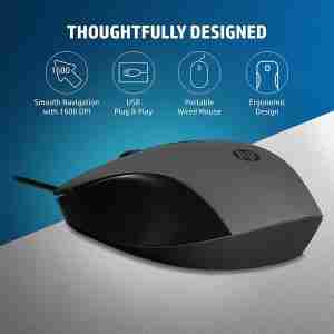 Top view of HP 150 USB Wired Mouse in black Side profile of HP 150 Mouse showcasing ergonomic design HP 150 Mouse connected via USB Type-A cable Close-up of HP 150 Mouse's scroll wheel and buttons HP 150 Mouse alongside its packaging HP 150 Mouse in use with a laptop on a desk matek.net+3