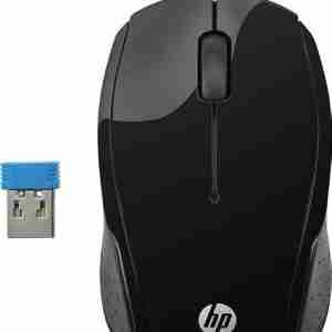 Top view of HP Wireless Mouse 200 in black Side profile showcasing ergonomic design of HP Mouse 200 HP Wireless Mouse 200 with USB receiver Close-up of HP Mouse 200's scroll wheel and buttons HP Mouse 200 alongside its packaging HP Wireless Mouse 200 in use with a laptop on a