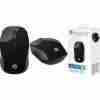 Top view of HP Wireless Mouse 200 in black Side profile showcasing ergonomic design of HP Mouse 200 HP Wireless Mouse 200 with USB receiver Close-up of HP Mouse 200's scroll wheel and buttons HP Mouse 200 alongside its packaging HP Wireless Mouse 200 in use with a laptop on a