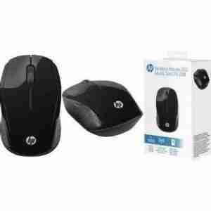 Top view of HP Wireless Mouse 200 in black Side profile showcasing ergonomic design of HP Mouse 200 HP Wireless Mouse 200 with USB receiver Close-up of HP Mouse 200's scroll wheel and buttons HP Mouse 200 alongside its packaging HP Wireless Mouse 200 in use with a laptop on a