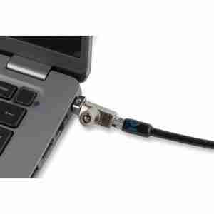 Kensington N17 Keyed Laptop Lock coiled with two keys. Kensington N17 Lock connected to a Dell laptop's wedge-shaped slot. Close-up of Kensington N17 Lock's pivot and rotate hinge mechanism. Kensington N17 Lock securing a laptop to a desk. Packaging of Kensington N17 Keyed Laptop Lock - K64440WWA. Kensington N17 Lock's carbon steel cable anchored to a fixed structure.