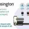 Kensington Universal 3-in-1 Keyed Laptop Lock with interchangeable tips. Kensington lock connected to a laptop's security slot. Close-up of Kensington lock's pivot and rotate mechanism. Kensington lock securing a laptop to a desk. Packaging of Kensington Universal 3-in-1 Keyed Laptop Lock. Kensington lock's carbon steel cable anchored to a fixed structure.