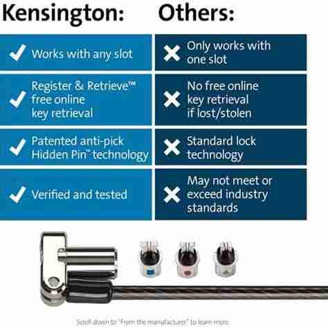 Kensington Universal 3-in-1 Keyed Laptop Lock with interchangeable tips. Kensington lock connected to a laptop's security slot. Close-up of Kensington lock's pivot and rotate mechanism. Kensington lock securing a laptop to a desk. Packaging of Kensington Universal 3-in-1 Keyed Laptop Lock. Kensington lock's carbon steel cable anchored to a fixed structure.