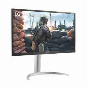 Front view of LG 27UP550N-W 27" 4K UHD IPS Monitor in white finish Side profile showcasing the slim design of the LG 27UP550N-W Monitor Rear view displaying connectivity ports on the LG 27UP550N-W LG 27UP550N-W Monitor on a desk setup with vibrant 4K display Close-up of the ergonomic stand and adjustment features Packaging contents including LG 27UP550N-W monitor, cables, and power adapter