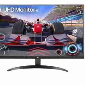 LG 32UR500-B front view displaying 4K UHD visuals. Rear view of LG 32UR500-B showing HDMI and DisplayPort. Tilt-adjustable stand side profile of the monitor. Monitor in desktop setup with colorful display. Close-up of built-in speaker with MaxxAudio® branding. LG 32UR500-B mounted on VESA wall setup.