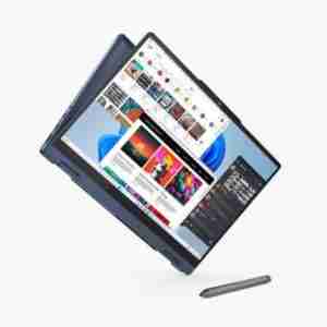 Front view of Lenovo IdeaPad 5 2-in-1 14IRH9 in Luna Grey. Side profile showcasing the slim design of the Lenovo IdeaPad 5 2-in-1 14IRH9. Top-down view highlighting the keyboard and touchpad of the Lenovo IdeaPad 5 2-in-1 14IRH9. Rear view displaying the hinge and branding of the Lenovo IdeaPad 5 2-in-1 14IRH9. Close-up of the 14" WUXGA touchscreen on the Lenovo IdeaPad 5 2-in-1 14IRH9. Lenovo IdeaPad 5 2-in-1 14IRH9 in tent mode showcasing its convertible design.