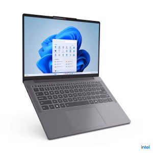 Front view of Lenovo IdeaPad Slim 3 14IRH10 in Luna Grey. Side profile showcasing the slim design of the Lenovo IdeaPad Slim 3 14IRH10. Top-down view highlighting the keyboard and touchpad of the Lenovo IdeaPad Slim 3 14IRH10. Rear view displaying the hinge and branding of the Lenovo IdeaPad Slim 3 14IRH10. Close-up of the 14" WUXGA display on the Lenovo IdeaPad Slim 3 14IRH10. Lenovo IdeaPad Slim 3 14IRH10 connected to peripherals via USB and HDMI ports.