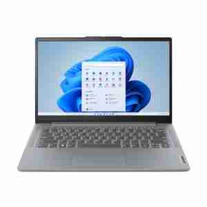 Front view of Lenovo IdeaPad Slim 3 14IRH8 in Arctic Grey. Side profile showcasing the slim design of the Lenovo IdeaPad Slim 3 14IRH8. Top-down view highlighting the keyboard and touchpad of the Lenovo IdeaPad Slim 3 14IRH8. Rear view displaying the hinge and branding of the Lenovo IdeaPad Slim 3 14IRH8. Close-up of the 14" FHD display on the Lenovo IdeaPad Slim 3 14IRH8. Lenovo IdeaPad Slim 3 14IRH8 connected to peripherals via USB and HDMI ports.