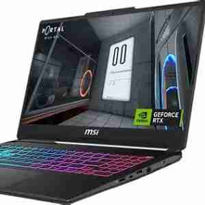 MSI Cyborg 15 A13VE front view showcasing 15.6" FHD 144Hz display Side profile highlighting USB Type-C and HDMI ports Translucent black finish with blue backlit keyboard Close-up of NVIDIA GeForce RTX 4050 graphics badge MSI Cyborg 15 A13VE in a gaming setup environment
