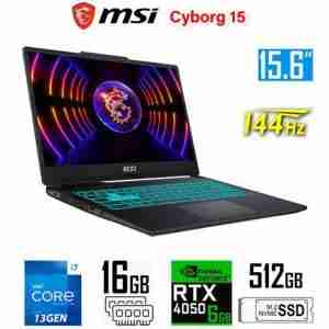 MSI Cyborg 15 A13VE front view showcasing 15.6" FHD 144Hz display Side profile highlighting USB Type-C and HDMI ports Translucent black finish with blue backlit keyboard Close-up of NVIDIA GeForce RTX 4050 graphics badge MSI Cyborg 15 A13VE in a gaming setup environment