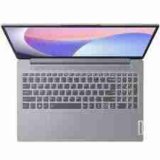Front view of Lenovo IdeaPad Slim 3 15IRU8 in Arctic Grey. Side profile showcasing the slim design of the Lenovo IdeaPad Slim 3 15IRU8. Top-down view highlighting the keyboard and touchpad of the Lenovo IdeaPad Slim 3 15IRU8. Rear view displaying the hinge and branding of the Lenovo IdeaPad Slim 3 15IRU8. Close-up of the 15.6" FHD display on the Lenovo IdeaPad Slim 3 15IRU8. Lenovo IdeaPad Slim 3 15IRU8 connected to peripherals via USB and HDMI ports.