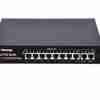 Front panel of Secureye S-8GE-2UG-2UF-NB PoE switch with 12 ports Close-up of dual SFP fibre slots on Secureye Gigabit switch LED indicators showing PoE power and data activity Side view of fan-less metal chassis with ventilation slots Diagram: eight IP cameras linked to switch and uplinks to NVR and fibre core Rear power inlet and grounding lug on Secureye 8-port PoE switch