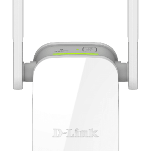 D-Link DAP-1610 Range Extender front view Compact AC1200 Wi-Fi extender plugged into wall Rear view showing Gigabit Ethernet port Wi-Fi coverage comparison with extender DAP-1610 LED signal indicator display Product packaging for D-Link DAP-1610