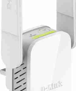 D-Link DAP-1610 Range Extender front view Compact AC1200 Wi-Fi extender plugged into wall Rear view showing Gigabit Ethernet port Wi-Fi coverage comparison with extender DAP-1610 LED signal indicator display Product packaging for D-Link DAP-1610