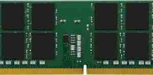 Kingston DDR5 32GB RAM module close-up KVR56S46BD8-32 memory label detail Side profile of Kingston SODIMM RAM Kingston DDR5 module in retail packaging Installed view of 32GB Kingston RAM in a laptop Angled top-down shot of Kingston DDR5 5600 RAM