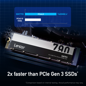 Lexar LNM790 4TB SSD top view Installed Lexar 4TB NVMe SSD in PC Lexar Gen4x4 SSD packaging – 4TB High-speed Lexar SSD for creators PCIe Gen4 M.2 SSD by Lexar Lexar LNM790 SSD heat management design