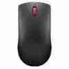 Top view of Lenovo 150 Wireless Mouse in black color. Side profile showcasing the ergonomic design of the Lenovo 150 Wireless Mouse. Bottom view highlighting the optical sensor and battery compartment. Lenovo 150 Wireless Mouse connected via USB-A nano receiver. Packaging contents including mouse, USB receiver, and AA battery. Lenovo 150 Wireless Mouse in use with a laptop setup
