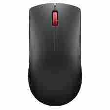 Top view of Lenovo 150 Wireless Mouse in black color. Side profile showcasing the ergonomic design of the Lenovo 150 Wireless Mouse. Bottom view highlighting the optical sensor and battery compartment. Lenovo 150 Wireless Mouse connected via USB-A nano receiver. Packaging contents including mouse, USB receiver, and AA battery. Lenovo 150 Wireless Mouse in use with a laptop setup