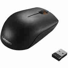 Top view of Lenovo 150 Wireless Mouse in black color. Side profile showcasing the ergonomic design of the Lenovo 150 Wireless Mouse. Bottom view highlighting the optical sensor and battery compartment. Lenovo 150 Wireless Mouse connected via USB-A nano receiver. Packaging contents including mouse, USB receiver, and AA battery. Lenovo 150 Wireless Mouse in use with a laptop setup