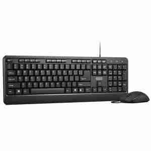Top view of Lenovo 160 Wired Keyboard & Mouse Combo in black color. Side profile showcasing the ergonomic design of the Lenovo 160 Wired Mouse. Bottom view highlighting the optical sensor and USB connection of the mouse. Lenovo 160 Wired Keyboard with full-sized layout and numeric keypad. Packaging contents including keyboard, mouse, and user manual. Lenovo 160 Wired Combo set up on a modern office desk
