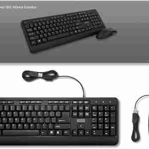 Top view of Lenovo 160 Wired Keyboard & Mouse Combo in black color. Side profile showcasing the ergonomic design of the Lenovo 160 Wired Mouse. Bottom view highlighting the optical sensor and USB connection of the mouse. Lenovo 160 Wired Keyboard with full-sized layout and numeric keypad. Packaging contents including keyboard, mouse, and user manual. Lenovo 160 Wired Combo set up on a modern office desk