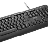 Top view of Lenovo 160 Wired Keyboard & Mouse Combo in black color. Side profile showcasing the ergonomic design of the Lenovo 160 Wired Mouse. Bottom view highlighting the optical sensor and USB connection of the mouse. Lenovo 160 Wired Keyboard with full-sized layout and numeric keypad. Packaging contents including keyboard, mouse, and user manual. Lenovo 160 Wired Combo set up on a modern office desk