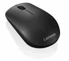 Top view of Lenovo 400 Wireless Mouse in black color. Side profile showcasing the ergonomic design of the Lenovo 400 Wireless Mouse. Bottom view highlighting the optical sensor and battery compartment. Lenovo 400 Wireless Mouse connected via Nano USB receiver. Packaging contents including mouse, USB receiver, and AA battery. Lenovo 400 Wireless Mouse in use with a laptop setup.