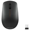 Top view of Lenovo 400 Wireless Mouse in black color. Side profile showcasing the ergonomic design of the Lenovo 400 Wireless Mouse. Bottom view highlighting the optical sensor and battery compartment. Lenovo 400 Wireless Mouse connected via Nano USB receiver. Packaging contents including mouse, USB receiver, and AA battery. Lenovo 400 Wireless Mouse in use with a laptop setup.