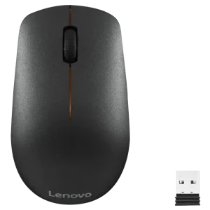 Top view of Lenovo 400 Wireless Mouse in black color. Side profile showcasing the ergonomic design of the Lenovo 400 Wireless Mouse. Bottom view highlighting the optical sensor and battery compartment. Lenovo 400 Wireless Mouse connected via Nano USB receiver. Packaging contents including mouse, USB receiver, and AA battery. Lenovo 400 Wireless Mouse in use with a laptop setup.