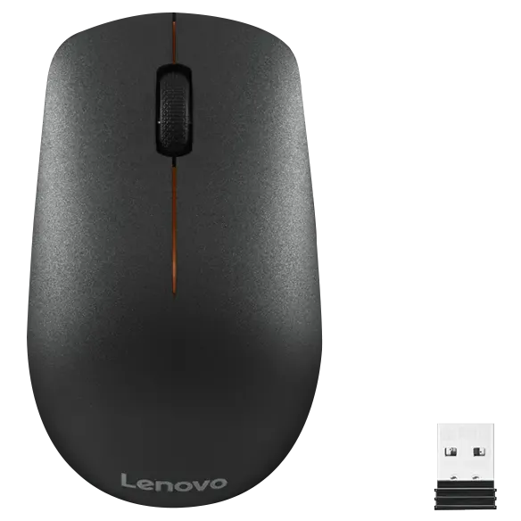 Top view of Lenovo 400 Wireless Mouse in black color. Side profile showcasing the ergonomic design of the Lenovo 400 Wireless Mouse. Bottom view highlighting the optical sensor and battery compartment. Lenovo 400 Wireless Mouse connected via Nano USB receiver. Packaging contents including mouse, USB receiver, and AA battery. Lenovo 400 Wireless Mouse in use with a laptop setup.