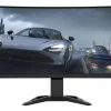 Front view of Lenovo G34w-30 34" UWQHD Curved Gaming Monitor in Raven Black finish Side profile showcasing the slim design and ergonomic stand of the Lenovo G34w-30 Monitor Rear view displaying HDMI, DisplayPort, and audio out ports on the Lenovo G34w-30 Lenovo G34w-30 Monitor on a gaming desk setup with vibrant UWQHD display Close-up of the monitor's adjustable stand mechanisms Packaging contents including Lenovo G34w-30 monitor, cables, and setup guide