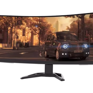 Front view of Lenovo G34w-30 34" UWQHD Curved Gaming Monitor in Raven Black finish Side profile showcasing the slim design and ergonomic stand of the Lenovo G34w-30 Monitor Rear view displaying HDMI, DisplayPort, and audio out ports on the Lenovo G34w-30 Lenovo G34w-30 Monitor on a gaming desk setup with vibrant UWQHD display Close-up of the monitor's adjustable stand mechanisms Packaging contents including Lenovo G34w-30 monitor, cables, and setup guide