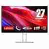 Image 1 (Front View): Lenovo L27i-4A 27" monitor front view showing edge-to-edge FHD display. Image 2 (Back View): Rear view of Lenovo L27i-4A showing HDMI and VGA ports. Image 3 (Side Profile): Side view of slim profile in Cloud Grey color. Image 4 (Speaker Detail): Close-up of integrated stereo speaker section. Image 5 (Dual HDMI Ports): Close-up of dual HDMI 1.4 ports and VGA input. Image 6 (Work Setup): Lenovo L27i-4A used in a dual-monitor home office configuration.