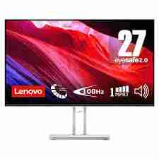 Image 1 (Front View): Lenovo L27i-4A 27" monitor front view showing edge-to-edge FHD display. Image 2 (Back View): Rear view of Lenovo L27i-4A showing HDMI and VGA ports. Image 3 (Side Profile): Side view of slim profile in Cloud Grey color. Image 4 (Speaker Detail): Close-up of integrated stereo speaker section. Image 5 (Dual HDMI Ports): Close-up of dual HDMI 1.4 ports and VGA input. Image 6 (Work Setup): Lenovo L27i-4A used in a dual-monitor home office configuration.