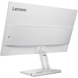Image 1 (Front View): Lenovo L27i-4A 27" monitor front view showing edge-to-edge FHD display. Image 2 (Back View): Rear view of Lenovo L27i-4A showing HDMI and VGA ports. Image 3 (Side Profile): Side view of slim profile in Cloud Grey color. Image 4 (Speaker Detail): Close-up of integrated stereo speaker section. Image 5 (Dual HDMI Ports): Close-up of dual HDMI 1.4 ports and VGA input. Image 6 (Work Setup): Lenovo L27i-4A used in a dual-monitor home office configuration.