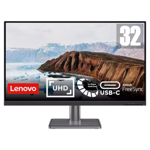 Front view of Lenovo L32p-30 31.5" 4K UHD Monitor in Raven Black finish Side profile showcasing the slim design and ergonomic stand of the Lenovo L32p-30 Monitor Rear view displaying HDMI, DisplayPort, USB-C, and USB ports on the Lenovo L32p-30 Lenovo L32p-30 Monitor on a professional desk setup with vibrant 4K display Close-up of the monitor's adjustable stand mechanisms Packaging contents including Lenovo L32p-30 monitor, cables, and setup guide